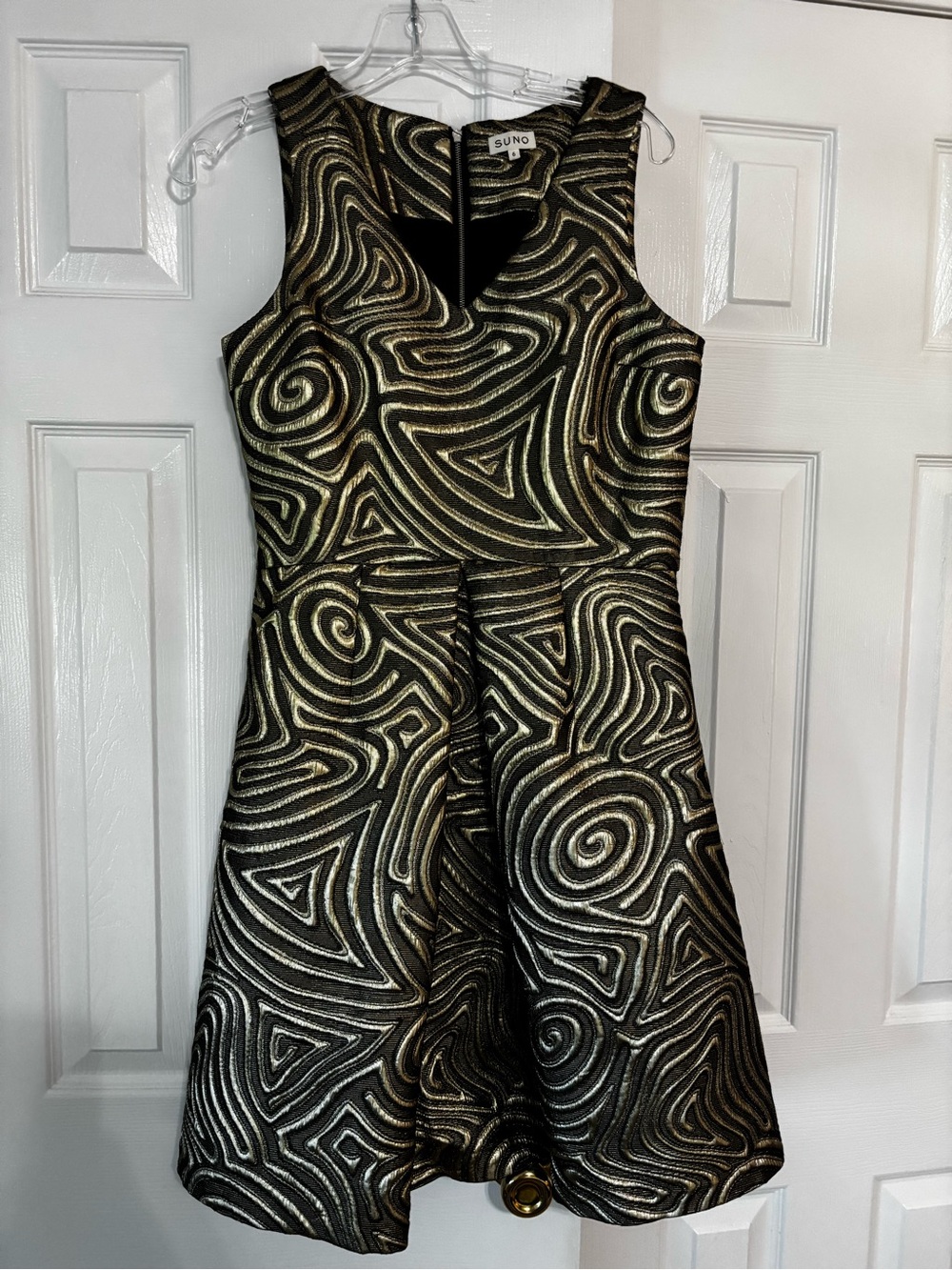 SUNO Black and Gold Swirl Fit-and-Flare Mini Dress
